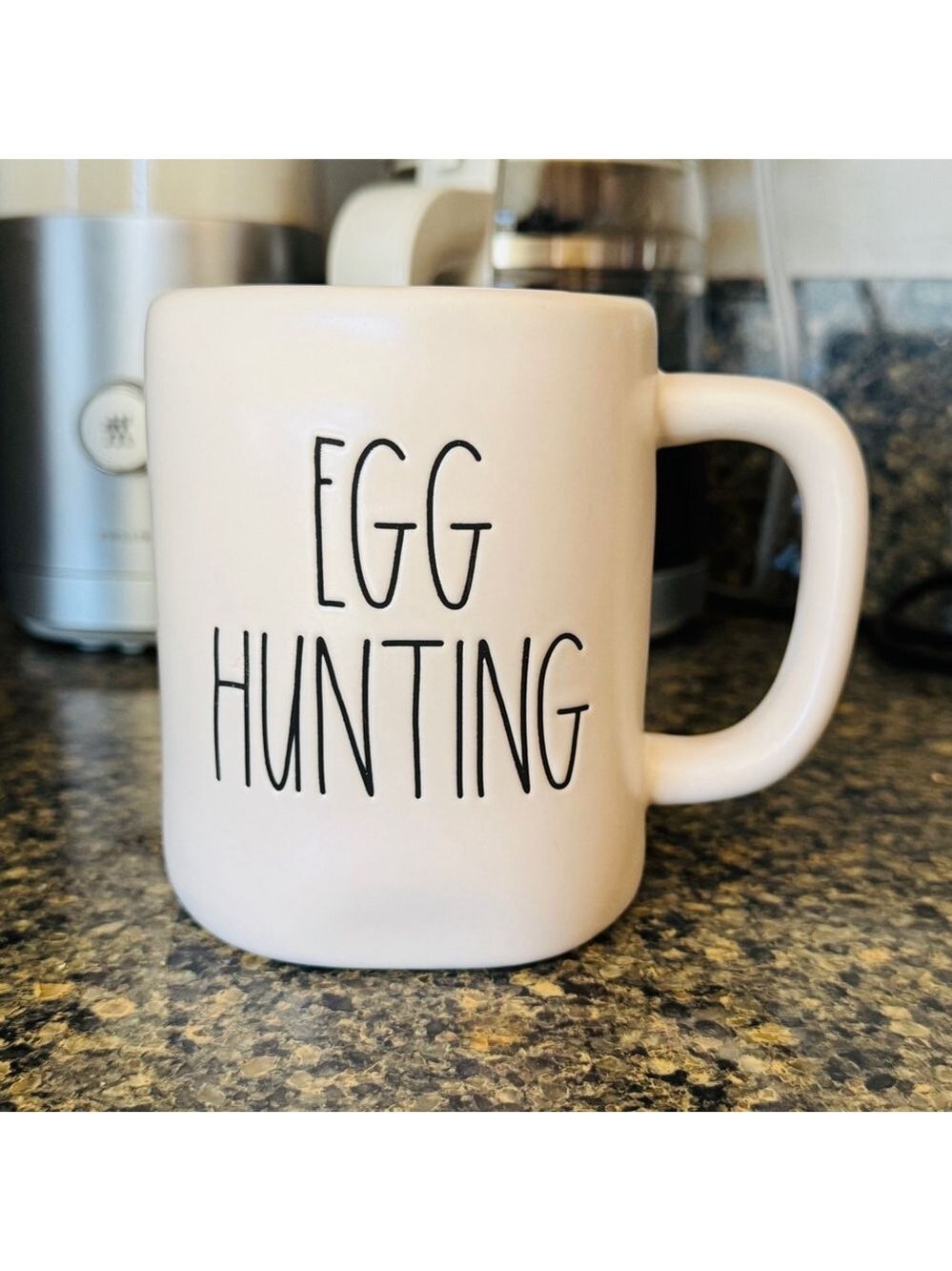Rae Dunn “EGG HUNTING” Easter White & Blue Cup Mug